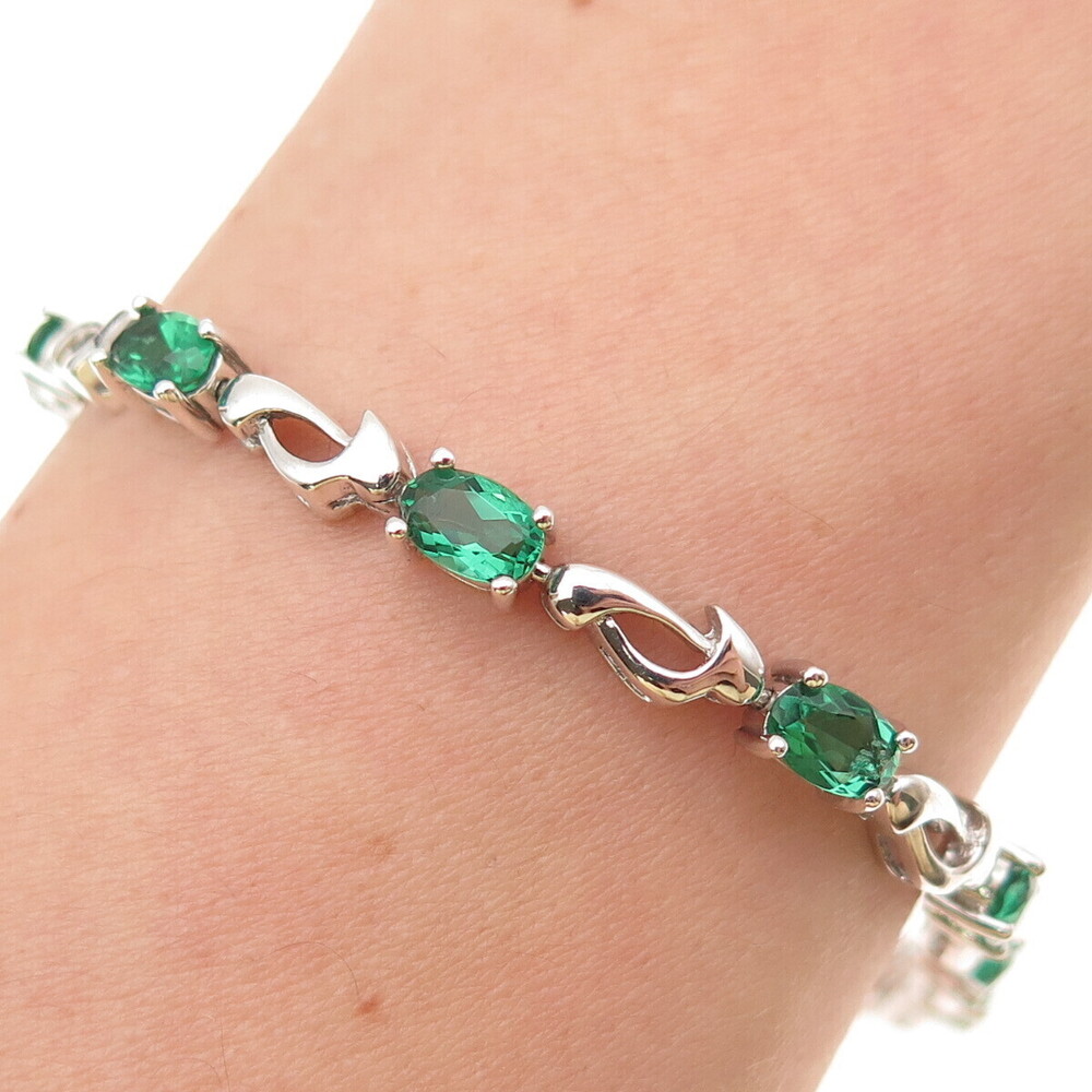 925 Sterling Silver Vintage Real Oval-Cut Chrome Diopside Bracelet 6.5-7.5"